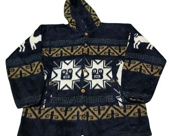 Vintage South American Llama Hoodie | Navy Blue Tribal Pattern Cardigan | Oversized Boho Wool Blend Jacket | Aztec Geometric Knit