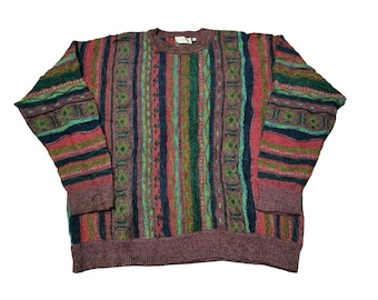 Vintage 90s Coogi Style Sweater: Abstract 3D Knit Pullover, Size XL