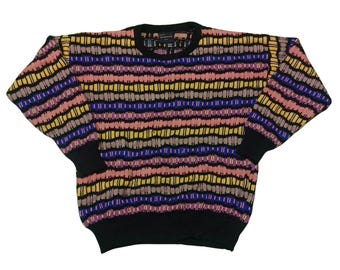 Vintage 80s Farentino Roma Knit Sweater: Colorful Abstract Coogi Style, Size L
