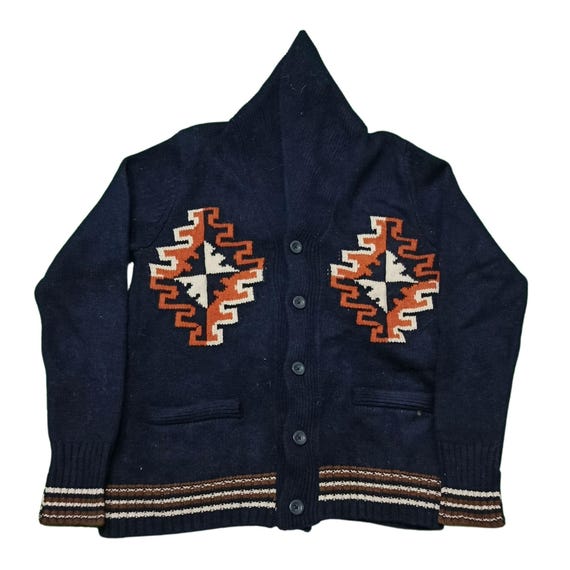 Lucky Brand, Vintage Lucky Brand Lambswool Cardigan: Aztec Shawl Collar Sweater, Size L
