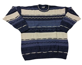 Vintage 90s Brice 3D Knit Sweater | Navy Striped Jumper (Fits L/XL)