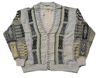Vintage 90s Coogi Style Knit Cardigan: Retro Textured Button-Up
