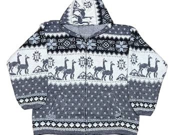 Vintage Alpaca Wool Hoodie: Handmade Llama Knit Zip-Up, Boho Tribal Jacket