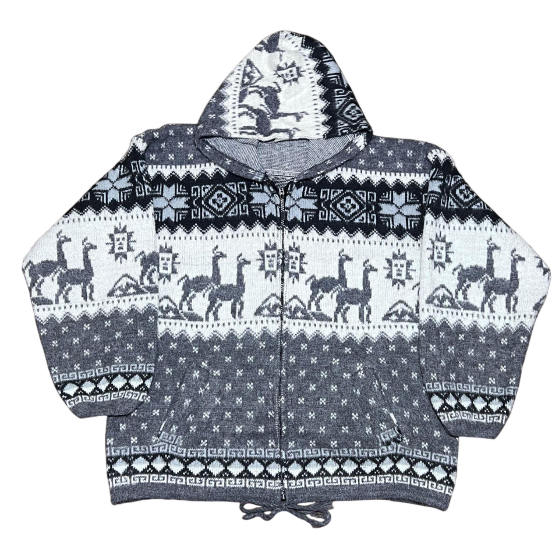 Vintage Alpaca Wool Hoodie: Handmade Llama Knit Zip-up, Boho