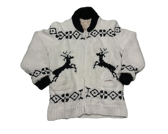 Vintage 70s Hand Knit Cowichan Wool Sweater: Reindeer Full Zip Jacket