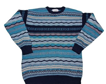 Vintage Kellerman Blue Patterned Knit Sweater XL – 90s Retro Crewneck Pullover