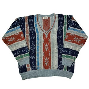 Vintage 90s Coogi Style Knit Sweater | Cosby Biggie Crewneck Jumper | Retro Pullover Hip Hop Sweater | Streetwear Size M