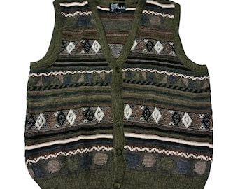 Chaleco tipo cárdigan estilo Coogi vintage / Jersey de punto abstracto de los años 90, talla L