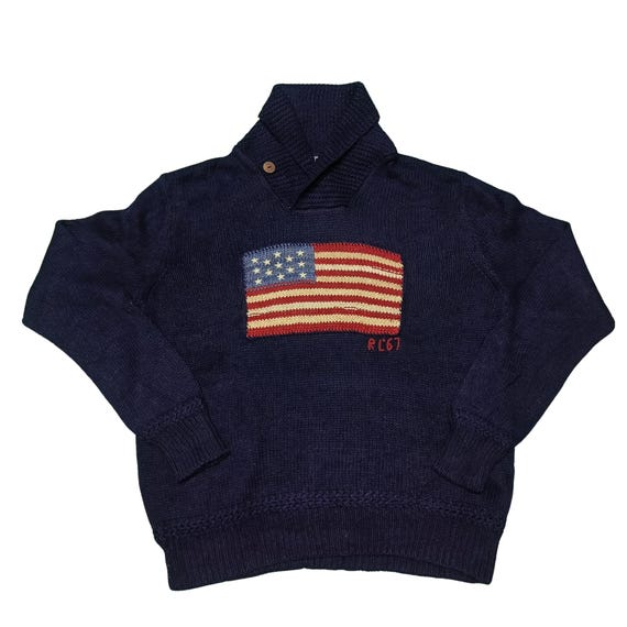 Vintage Ralph Lauren RL67 American Flag Sweater Size XL | Navy