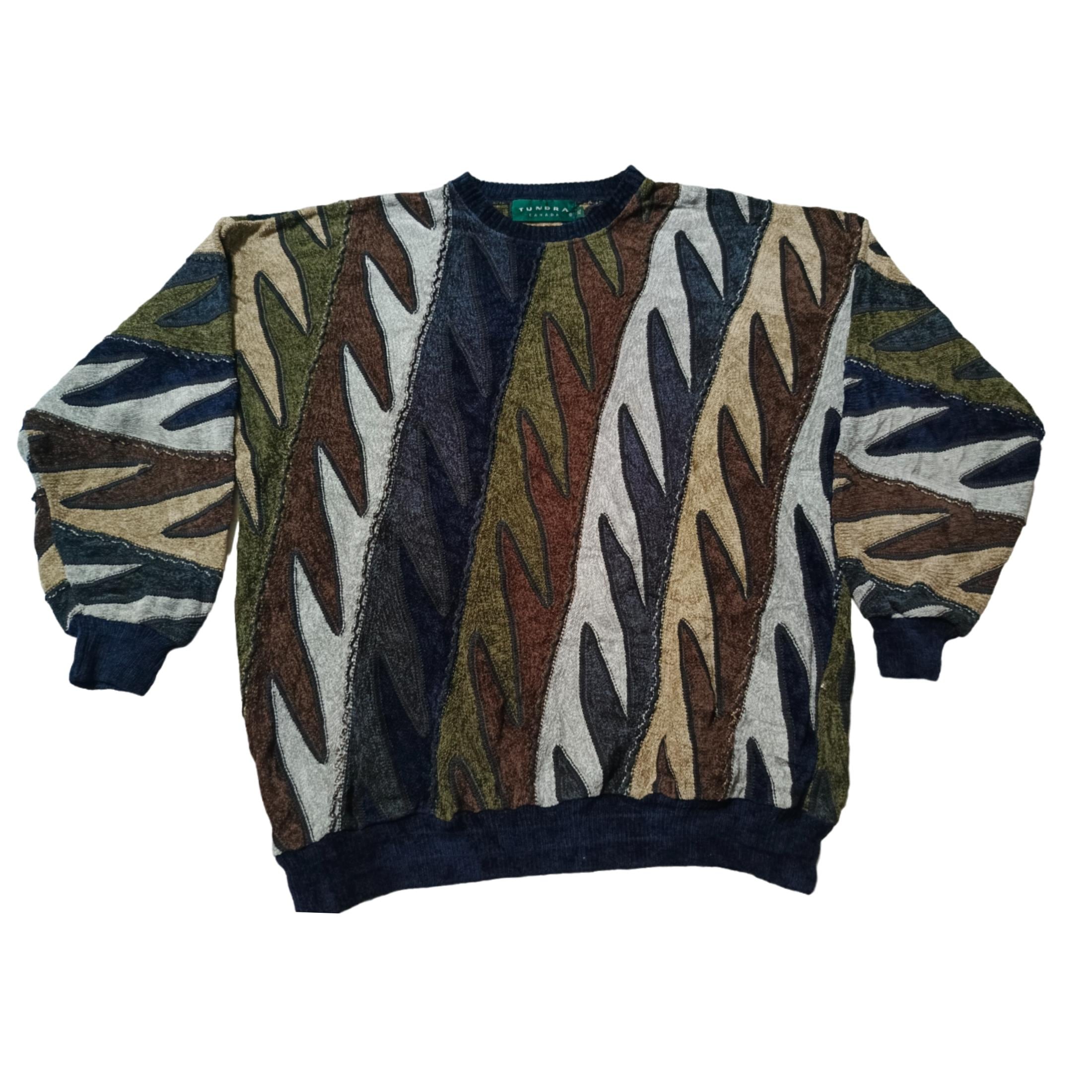【秀逸デザイン】90sビンテージTUNDRAカナダ製3D立体編みニットXL Vintage Tundra Canada Coogi Style Sweater: 90s Multicolor Knit, XL