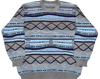 Vintage 90s Coogi Style Knit Sweater: Geometric Textured Pullover