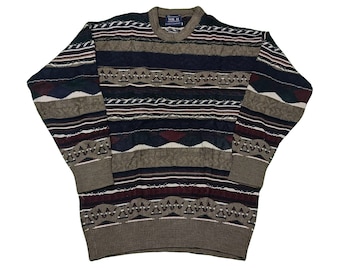 Vintage 90s Coogi Style Knit Sweater: Earth Tone Geometric 3D Pullover