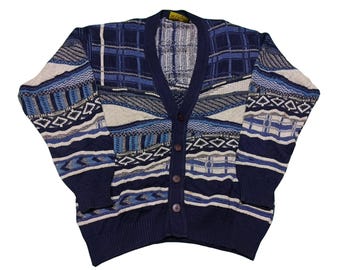 Vintage Coogi Style Knit Cardigan: 90s Abstract Art to Wear