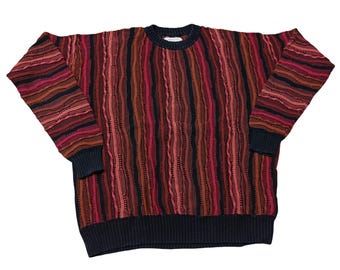Vintage 90s Coogi Style Sweater, Textured Knit Pullover Jumper, Multicolor Grandpa Crewneck  Oversized Jumper, Size S