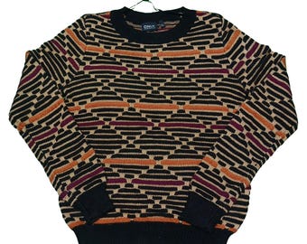 Vintage ONLY Geometric Knit Sweater – 90s Retro Crewneck Pullover (Small)