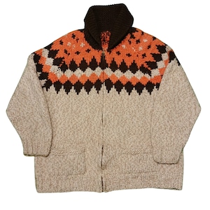 Vintage 70s Cowichan Sweater | Hand Knit Chunky Wool Cardigan | Geometric Diamond Zip Up Jacket | Mary Maxim Style, Cabin Core