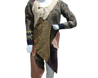 Vintage Handmade Honeybea Patchwork Cardigan | Upcycled Wool Asymmetrical Sweater Coat | Boho Art-to-Wear