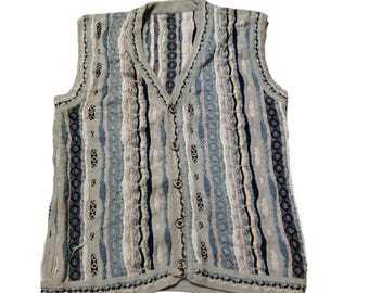 Chaleco de punto estilo Coogi vintage de los años 90: cárdigan con textura abstracta en 3D