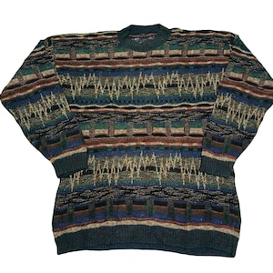 Vintage 90s Coogi Style Sweater - Textured Knit, Abstract Pattern, Bold Colors, Retro Streetwear, Hip Hop Fashion