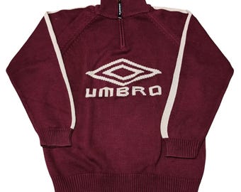 Vintage Umbro Knit Sweater | Maroon 90s Quarter-Zip, Big Logo (Size S)