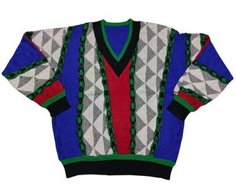 Vintage 90s Coogi Style Sweater Colorful Knit Pullover Crewneck Cosby Biggie Jumper