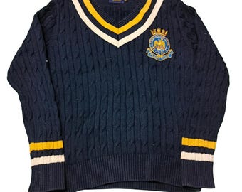 Vintage Navy Cricket/Tennis Sweater, Cable Knit V-Neck Preppy Varsity Pullover Size M