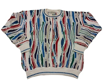 Maglione vintage Cotton Traders stile Coogi, girocollo a maglia testurizzata multicolore, taglia L