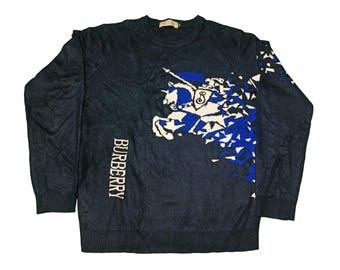 Vintage Burberry Equestrian Knight Sweater | Rare Designer Knit | Navy Blue