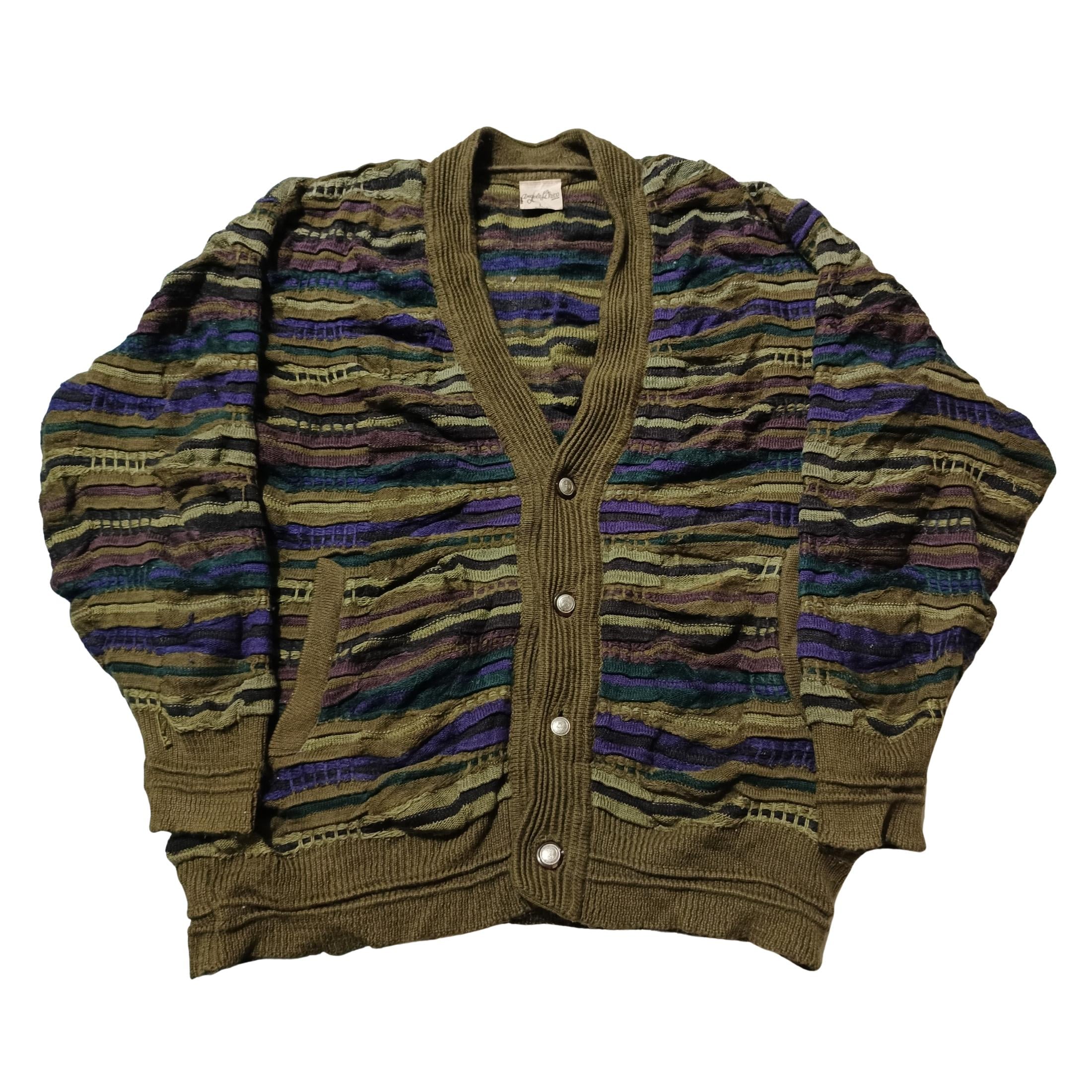 Vintage 90s Coogi Style Cardigan | 3D Textured Knit | Abstract