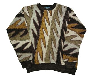 Vintage Tundra Coogi-Style Sweater: 90s Knit Striped Pullover (Size M)