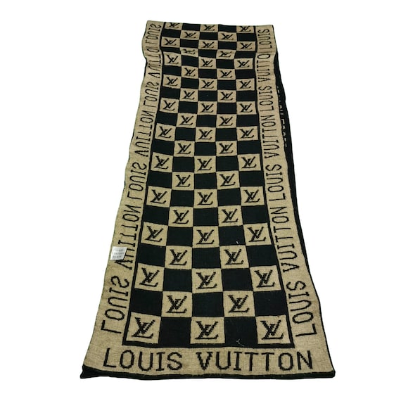 Louis Vuitton チェック柄スカーフ Authentic Louis Vuitton Monogram Check Scarf: Black Beige Wool 72