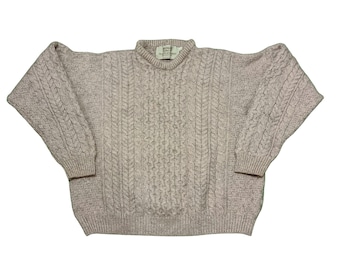 Vintage Aran Fisherman Sweater: Cable Knit Merino Wool, Size L
