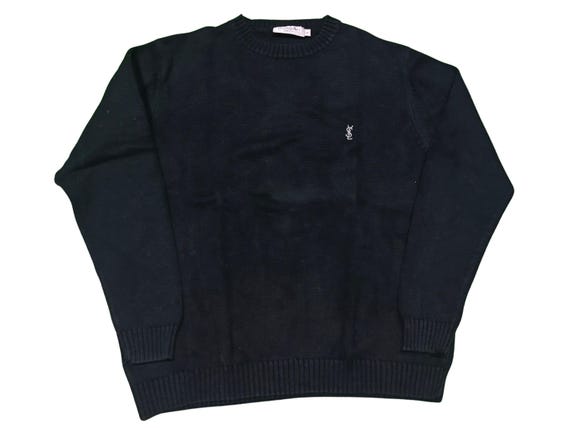 Vintage YSL Logo Sweater: Black Cotton Knit, French Designer (size