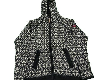 Vintage Norwear Hoodie | Norwegian Wool Cardigan | Black White Snowflake Pattern | Zip Up Jacket Size M
