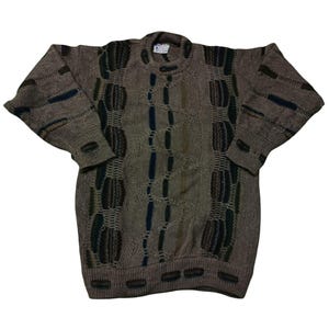 May include: A brown, patterned sweater with a crew neck and long sleeves. The sweater features a textured design with vertical and horizontal patterns in shades of brown, green, and blue. The cuffs have a small opening.