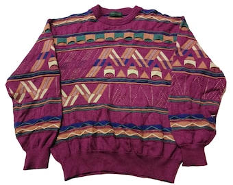Vintage 90s Coogi Style Knit Sweater - Oversized Textured Pullover, Size L