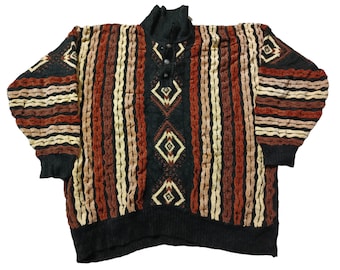 Vintage Coogi-Style Knit Sweater: 90s Geometric Pullover (Size L)