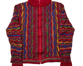 Vintage Coogi Style 3D Knit Sweater: Retro 90s Multicolor Cropped Pullover Size M