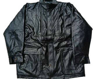 Vintage Korean Leather Jacket: Black Faux Fur Lined Winter Coat (Size L)