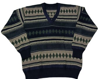 Vintage 90s Geometric V-Neck Sweater | Coogi Style Pattern Navy Green