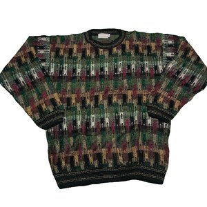 Vintage 90s Taylor & Henry Coogi Style Sweater | Textured Knit, Bold Pattern | Retro Streetwear | Hip Hop Fashion | Cosby Biggie Size L