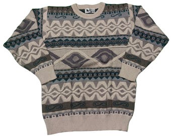 Vintage 90s Coogi Style Knit Sweater: Aztec Geometric Pullover, Size M