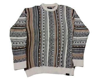 Vintage 90er Jahre Coogi Style Pullover: Geometrischer Strickpullover, Größe Medium