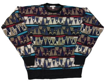Suéter de punto 3D vintage Henry Grethel: estilo Coogi con diseño geométrico abstracto, talla XL para hombre