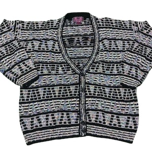 Vintage 90s Coogi Style Knit Cardigan: Abstract Geometric Grandpa Sweater