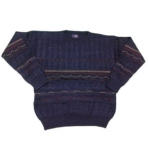 May include: A navy blue knitted sweater with a textured pattern. It has horizontal bands of brown, tan, and burgundy stripes across the chest and sleeves. The sleeves have a ribbed cuff design.