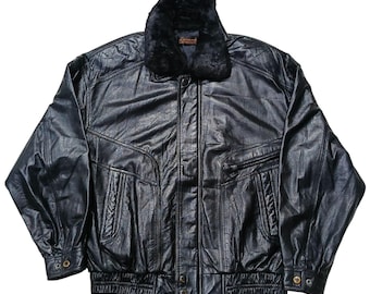 Vintage Levant Leather Bomber Jacket XXL: Black Shearling Collar