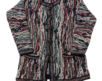 Vintage Merino Wool Coogi Style Cardigan: 90s Textured Knit, Size XL