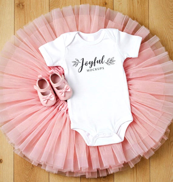 Adorable White Baby Onesie Mockup with pink tutu, White girl onesie mock up, Cute baby romper mockup, baby mockup, flat lay mock, lifestyle