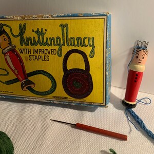 vintage 1970's Spear KNITTING NANCY wooden spool doll and knitting needle tool Loom French Tube instructions original box